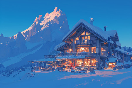 雪山小镇风景雪山小屋的温馨风景插画