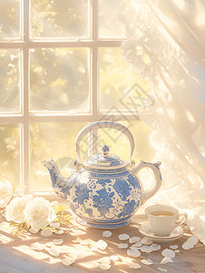 阳光下窗台上的茶壶背景图片