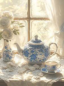 优雅的蓝白茶壶背景图片