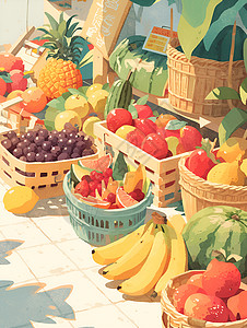流动摊位果园边的水果市场插画