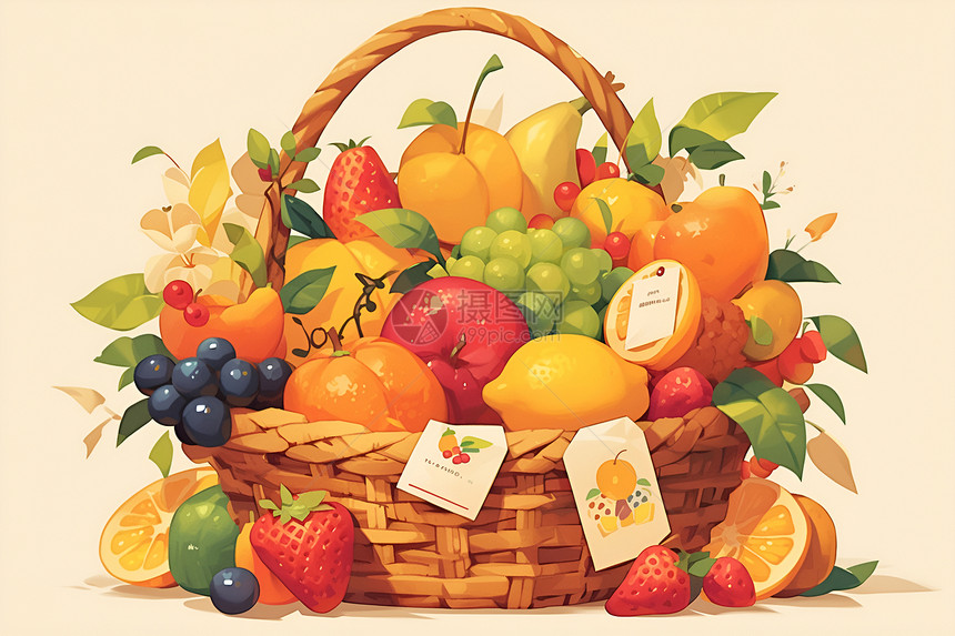 水果篮子装满各种水果图片