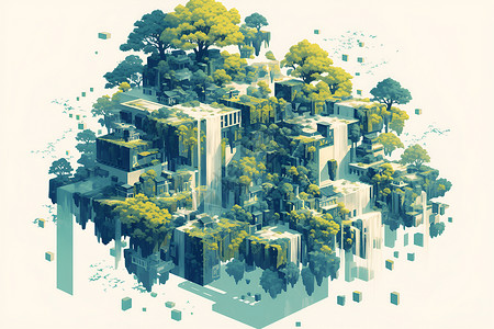 建筑与瀑布绿色都市树与瀑布插画