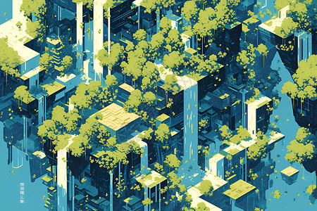 城市流动森林建筑中流动的瀑布插画