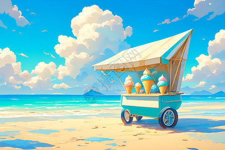 套娃冰淇淋沙滩上的冰淇淋推车插画