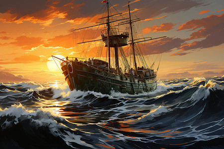 海上黄昏海上的大船插画