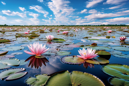 湖上莲花绽放高清图片