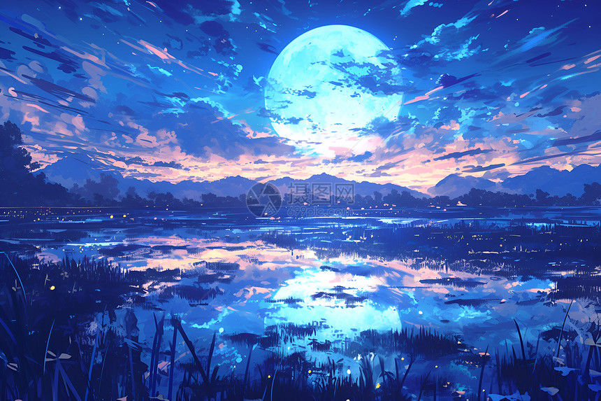 湖畔的月光美景图片