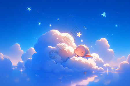宝宝在睡觉婴儿睡在云朵中插画