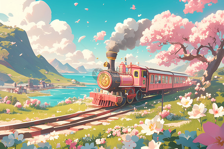 彩色火车穿越梦幻花海图片