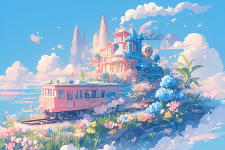 梦幻世界中的粉色火车背景图片