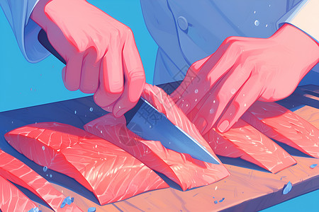 卡通刀具切鱼片的厨师插画