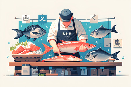 鱼肉卡通摊位上的鱼贩插画