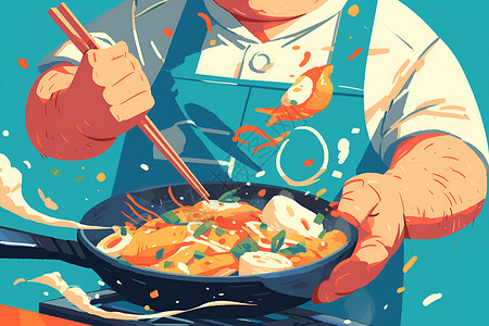 厨师端菜制作美食的卡通厨师插画