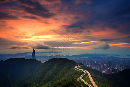 夕阳下的山脉和城市高清图片