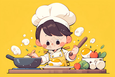 厨师证正在烹饪美味食物的厨师插画