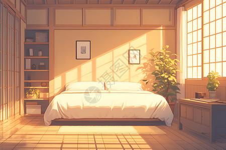 窗户里阳光里的卧室插画