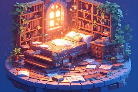 图书馆内的木床背景图片