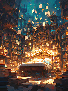 魔幻图书馆内的床背景图片