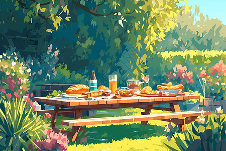 木桌上的食物插画背景图片