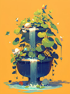 流水喷泉喷泉花盆中的植被插画
