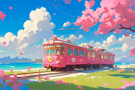 复兴号列车展示的粉色列车插画