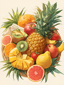 红心美味柚子美味的柚子和菠萝插画