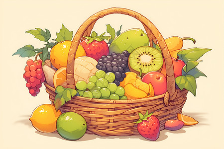 水果丰富水果篮中的美味水果插画