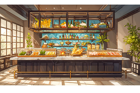 超市柜台店铺里的吧台插画