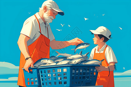老男孩老渔民和男孩扛着一篮子鱼插画