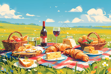 野餐红酒野餐垫上的面包红酒插画