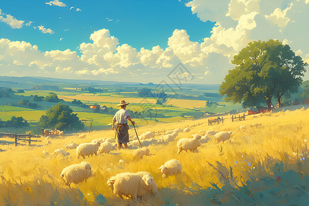 田野里的单羊金色田野里的羊插画