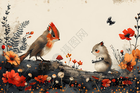 金花松鼠小鸟和松鼠插画