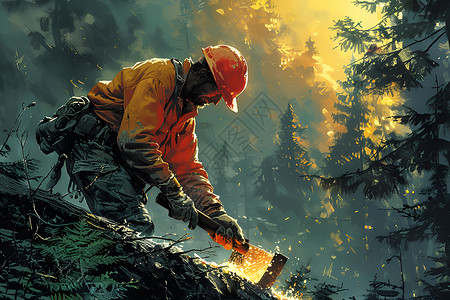 夕阳下工作的伐木工背景图片