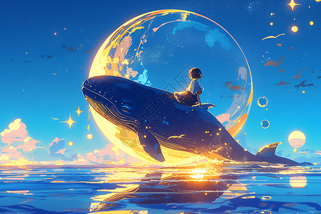 骑鲸女孩少女骑鲸游海洋插画