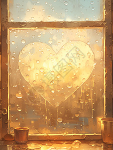窗户上的雨滴玻璃窗户上的心形插画