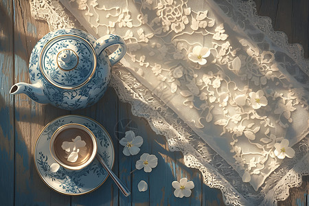 木桌上的青花茶具高清图片