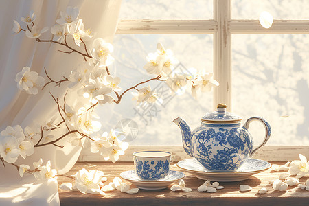 青花瓷纹样窗户下的青花茶具插画