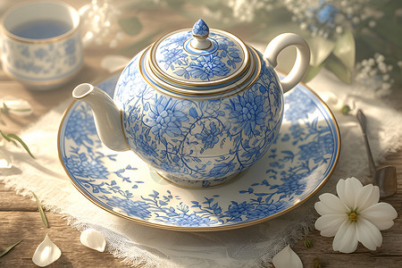 瓷器茶具主图雅致的青花茶壶插画