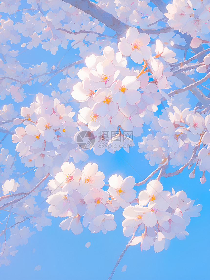 白色樱花飘满蓝天图片