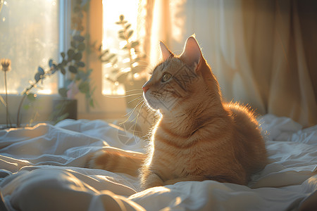 单手撑地的猫猫优雅地坐在床上背景