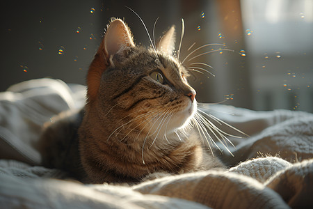 床上悠然晒太阳的猫咪背景图片