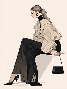 半腿裤优雅的时尚女郎拿着黑色手包插画