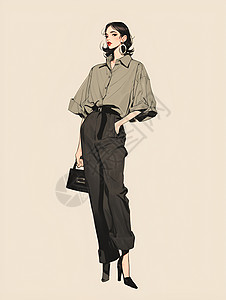 时尚手提包优雅女郎穿着黑色阔腿裤插画