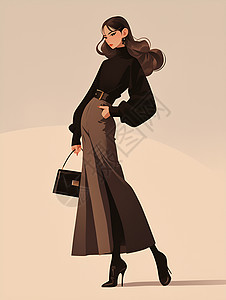 时尚手提包优雅女士穿着长裙插画