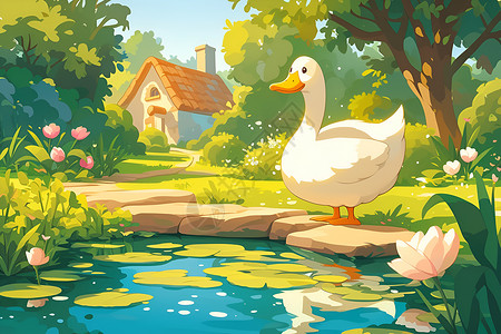 海湾边的花园池塘边的白鸭子插画