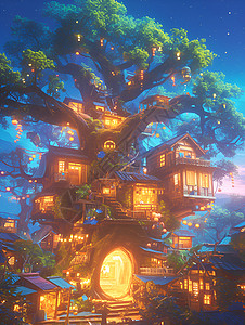 灯火通明的树屋背景图片