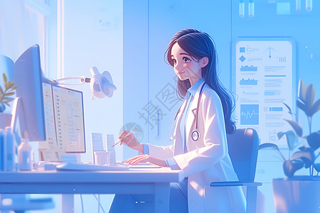 微笑女医生电脑前的女医生插画