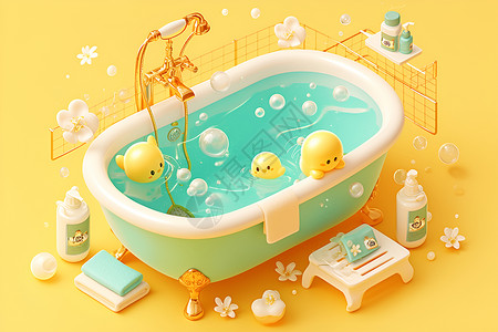 泡泡球浴缸中的小黄球插画