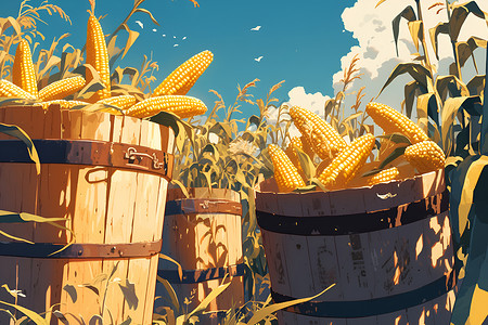 麦秆木桶里的玉米插画