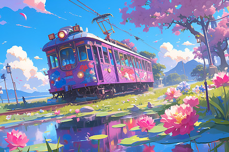 公园火车紫色火车穿过公园插画